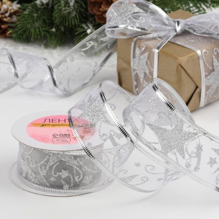 Kapron tape with metal thread "Stars and Bindings", 38 mm × 2.7 ± 0.5 m, silver color