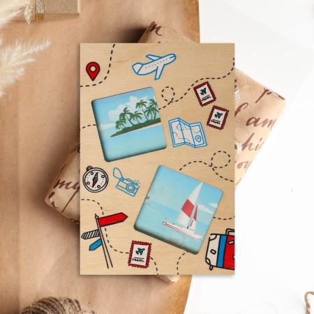 A postcard with a wooden element "fly away!"