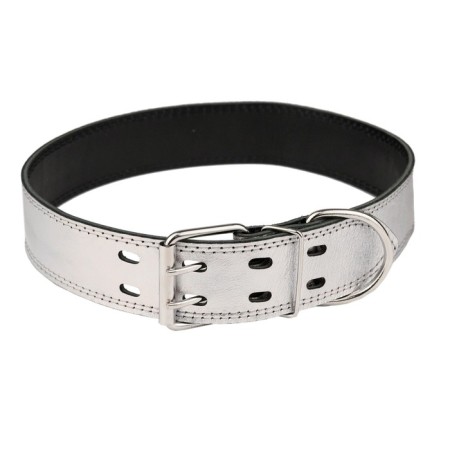 Collar leather two-layer, width 4.5 cm, Osh 53-63 cm, silver