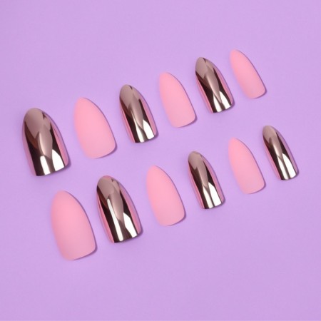 Patch nails, 12 pcs, with adhesive plates, the shape of the almonds, matte/chrome, pink, golden-1