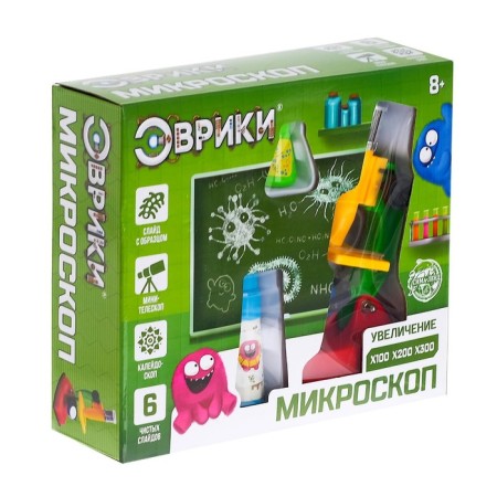 A set of biologist, 14 objects: kaleidoscope, microscope, 4 slides, 2 cells of cells, tweezers, knife, blade, needle, samples-9