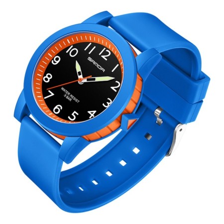 Watch is a wrist-on, d-3.4 cm, waterproof, luminous, silicone strap, blue