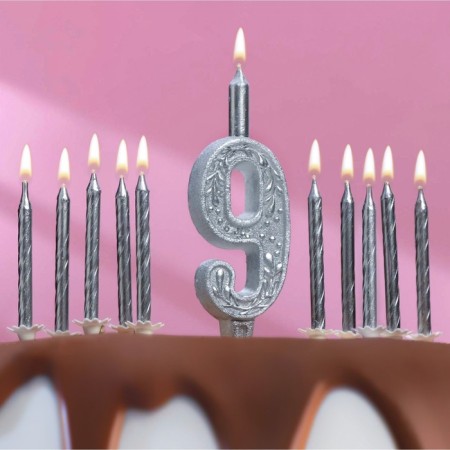 Set of candles for the cake (2 in 1) Silver pattern "9" + candles "Happy birthday” 10 pcs, 12.5 cm 71