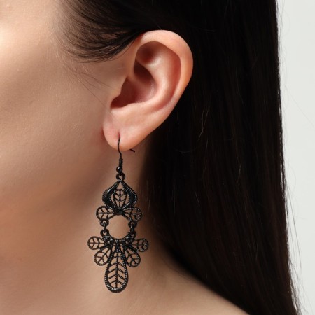 Earrings "openwork" leaves, black color in ferrous metal, 7.5 cm-2