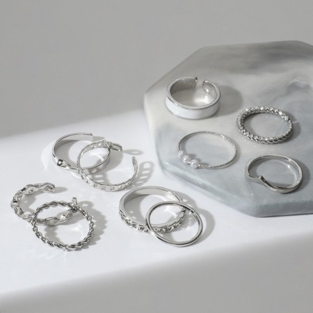 Set of rings 10 pieces "trend" elegance, white color in silver, mix size-1