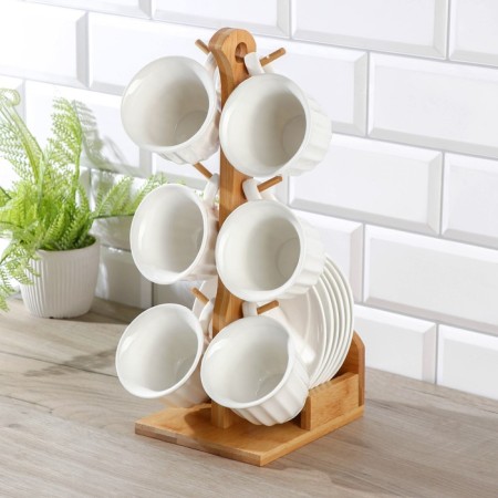 Tea ceramic tea on a wooden stand “Estet”, 12 objects: 6 cups d = 8.6 cm 200 ml, 6 Smarks 14.5 × 10.6 cm, white color-1