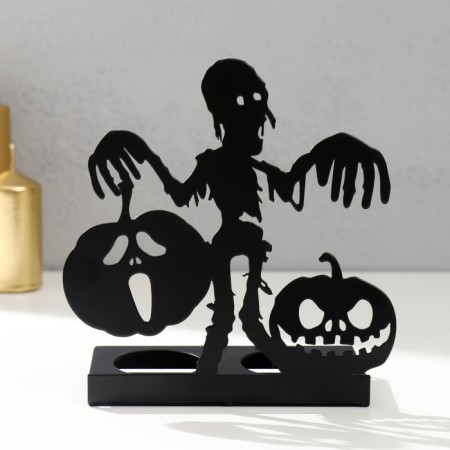Summary Metal for 2 candles "Halloween. Skeleton with pumpkins" black 15x14x6 cm-1