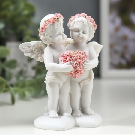 Polystone souvenir "Angels in pink wreaths with heart from roses" 10x8.5x5.5 cm-1