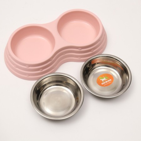 Metal dual bowl on a plastic base 2 x 160 ml, 25 x 14 x 5 cm, pink-4