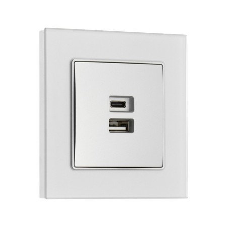 Socket with USB-A + usb-C connectors, 2.1 A, 5V, TOT MATTE GLASS, hidden, glass, silver 104396-1