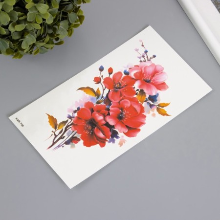 Tattoo on the body color "branch with red flowers" 11.4x21 cm-1