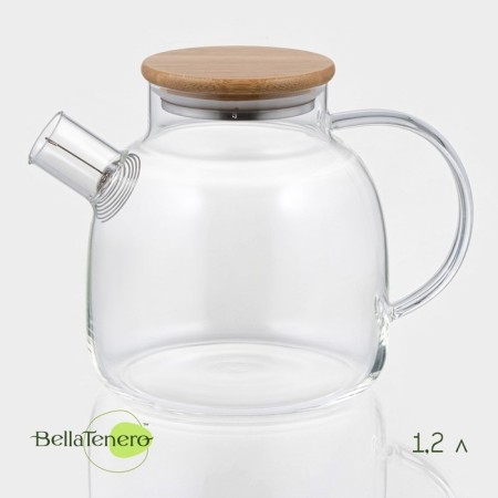 Glass teapot with a bamboo cover and a metal filter Bellatenero "Eco", 1.2 liters