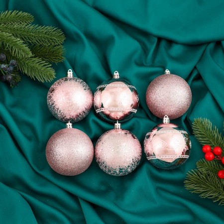 Set of balls plastic D-8 cm, 6 pcs "Noch" ornament, pink
