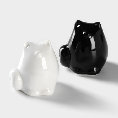 Porcelain set for spices on the bamboo stand Bellatenero “cats”, 3 objects: solo, pipe, stand, white and black color-3