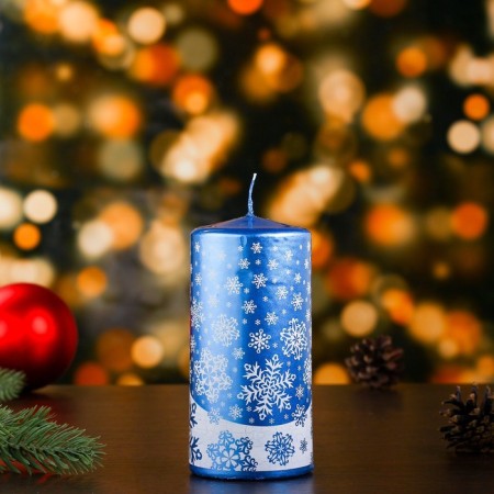 New Year's Candle-Cylinder "New Year's Patterns No. 4", 12.5x6 cm, 35 hours, 275 g, blue with white