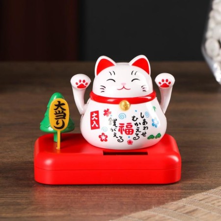 Plastic pendulum from the solar battery "Cat Mani-Neko with a tree" White 8x10x6 cm