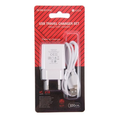 Network charger Borofone BA52A, USB, 2.1 A, Lightning cable, 1 m, white-3
