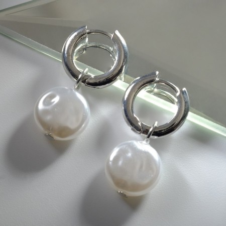 Earrings with the removable element "Transformer" pearl disk, white color in silver-3
