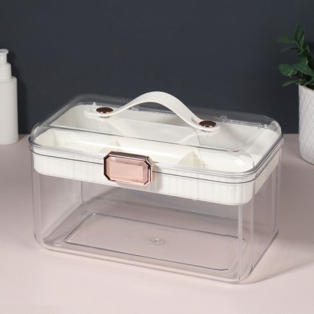 Organizer for storage, with a handle, 2 sections, 27 × 17 × 13.5 cm, white/transparent color