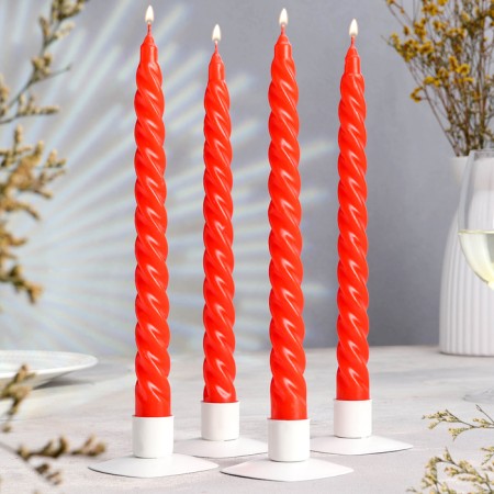 A set of candles of twisted, 4 pcs, 2.2x25 cm, lacquered red