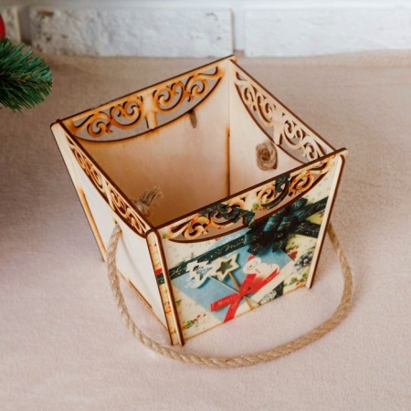 Kashpo wooden "Basket, with a gift", self-assembled, handle- cord, 17.9 × 17.3 × 14.2 cm-1