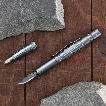 A glass-glass with a flashlight and a knife. Mix-2