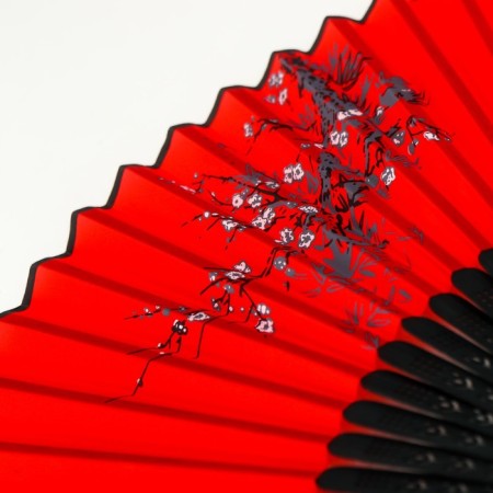 Fan bamboo, textiles h = 23 cm "Sakura branch" red, with a brush-3