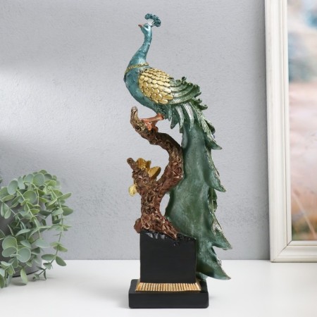 Polystone souvenir "Peacock with green feathers with gold stroke on a branch" 13.5x9x36 cm-2