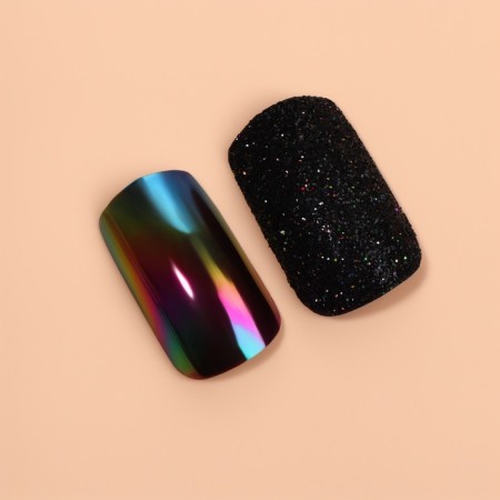 Falbled nails "Night", 12 pcs, with sparkles and holography, with adhesive plates, a soft square, black form-1