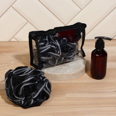 Set of bath, in a cosmetic bag, 2 items (washcloth, bottle 150 ml), black color-1