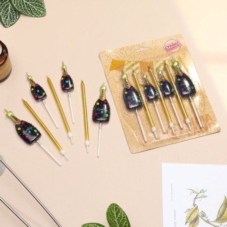 Set of candles for the cake, 7 pcs "Champagne", black, golden-1
