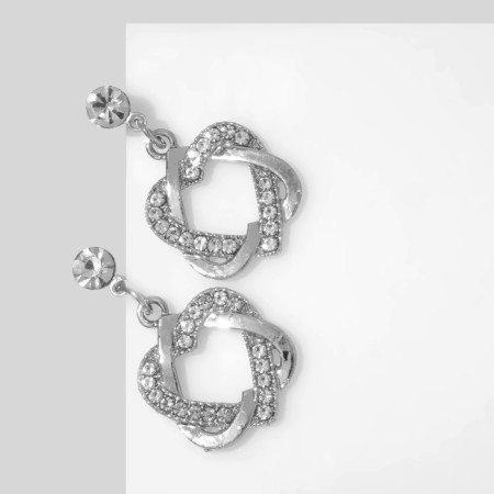 Earrings with rhinestones "Heart" interweaving, white color in silver-1