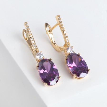 Earrings with rhinestones "blitz", white-purple color in gold-1