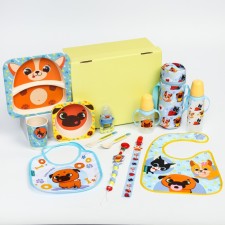 Gift set “Podges” 13 in 1: a bottle of 2 pcs., Bibrary of 2 pcs., Nibbler, holder for a dummy 2 pcs., Thermal drum, a set of bamboo dishes: plate, bowl, glass, spoon, fork, fork