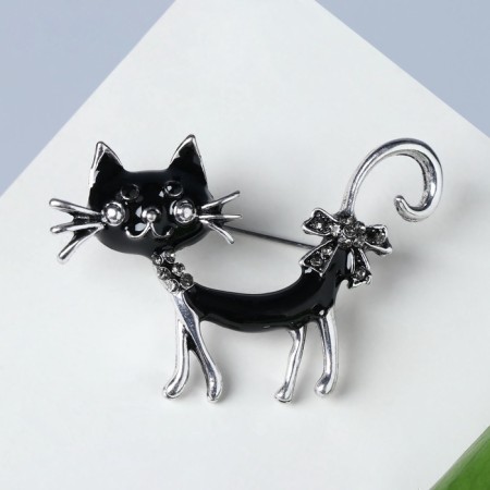 Brooch "cat" flirty with a bow, black color in black silver-2