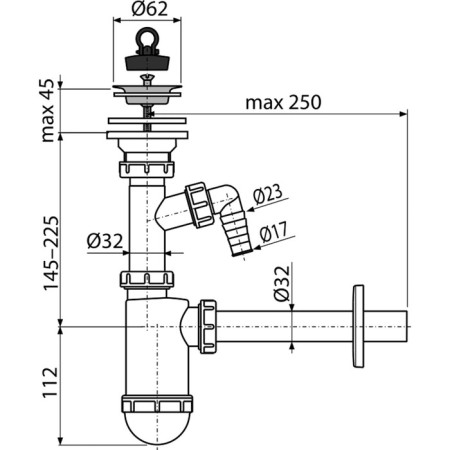 Siphon for the ALCAPLAST A410P, DN = 32 mm shell, with a fittings and a stainless steel grate DN 63 mm 507500-1