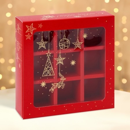 Box for 9 sweets "Golden garland", with a shell, with a window, 13.7 x 13.7 x 3.5 cm