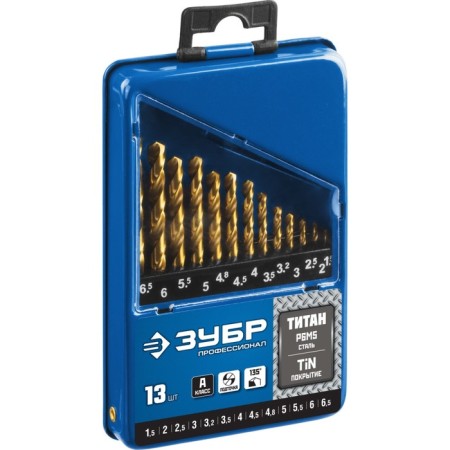 Set of drill on metal bison, P6M5, cylinder. Saar, 1.5-6.5 mm, 13 pcs, titanium coating 96002-1