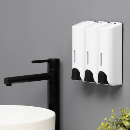 The dispenser for soap, shampoo, shower gel, 3 compartments of 350 ml, white color-1
