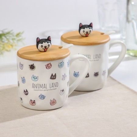 Ceramic mug with a wooden lid and a spoon "Beasts", 360 ml, Mix drawing-3