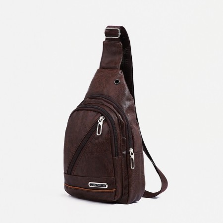 Male sling bag, artificial leather, headphone opening, brown color-2