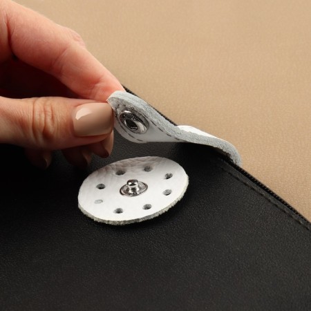 The fastener is sewn for a bag, on a button, made of genuine leather, 13.5 × 2.5 cm, white/silver color-4