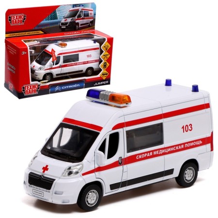 Metal machine "Citroen Jumper. Ambulance ", 14 cm, light and sound effects, doors, inertia, white color open