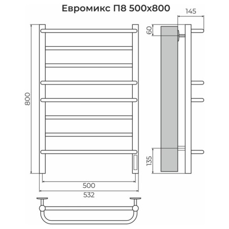 Terminus heated towel rail "Euromix" P8, 500x800 mm, on the right, black Muars-2