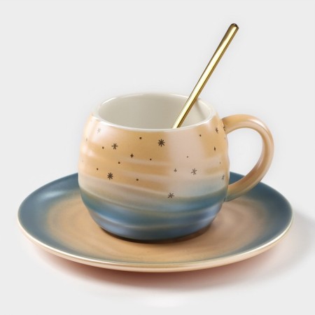Tea couple ceramic “magic”, 3 objects: 260 ml mug, saucer d = 15.8 cm, spoon h = 14 cm, color-blue color
