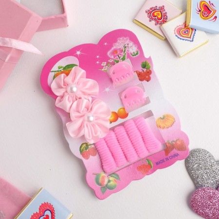 Sophie hair set (7 rubber bands, 2 crab) flowers with bead, pink