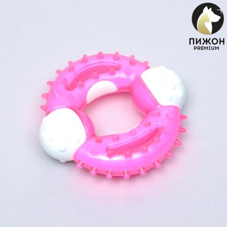 Two -layer toy (hard and soft plastic) "ring with spikes", 10 cm, pink