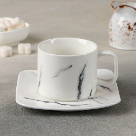 Tea couple ceramic "marble", 2 items: a cup 220 ml, a saucer d = 14 cm, white color