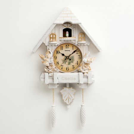 Watching clock, series: pendulum, "castle with birds", smooth move, 63 x 8 x 32 cm, white