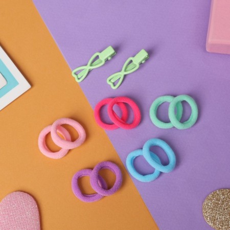 Caramel hair set (10 elastic bands 1.5 cm, 2 clamps 3 cm) hearts, green-1